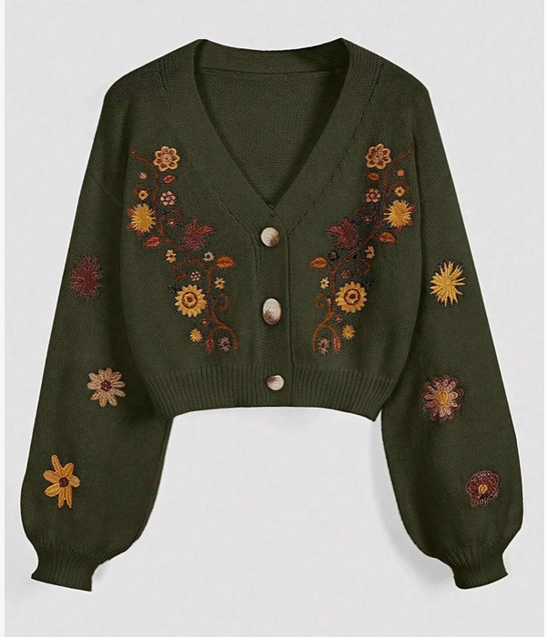 Green Embroidered Cardigan