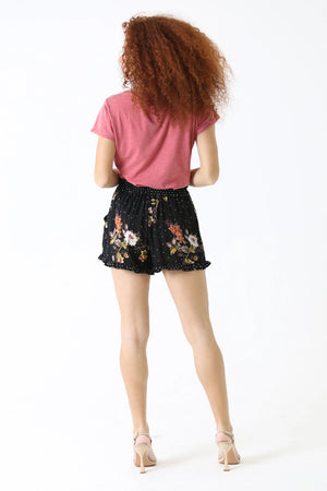 Black Floral Polka Dot Ruffled Shorts