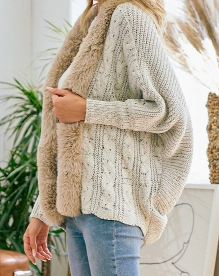 Dolman Sleeve Cardigan w/ Faux Fur Trim