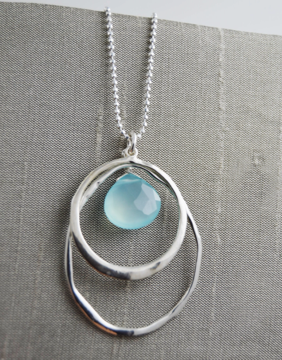 Aqua Gem Silver Double Layer Necklace