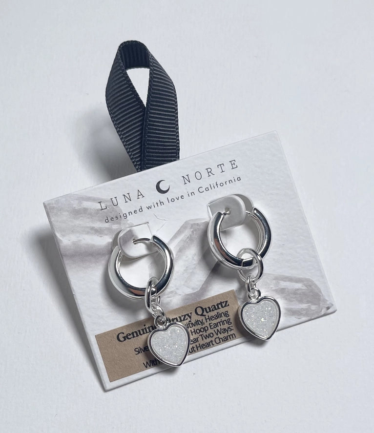 Druzy Quartz Heart Huggie Hoops