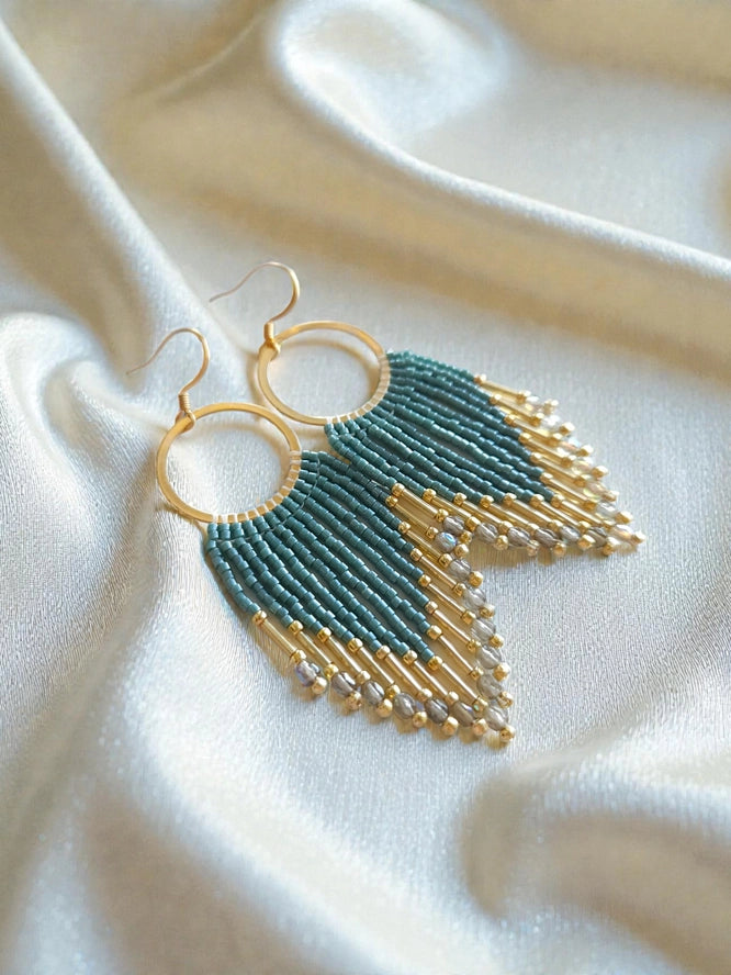 Dusty Blue Glimmer Beaded Fringe Earrings