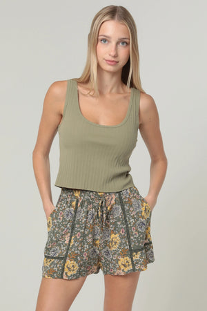 Green & Yellow Floral Lace Trim Shorts