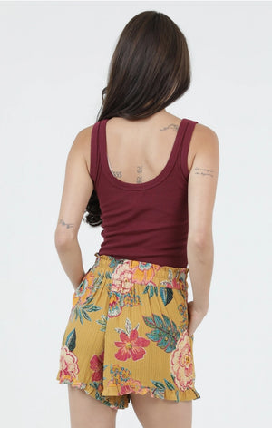 Yellow Tropical Floral Ruffled Shorts