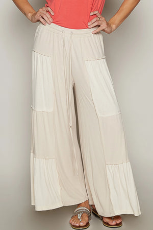 Sand Beige Wide Leg Ribbed Panel Pants