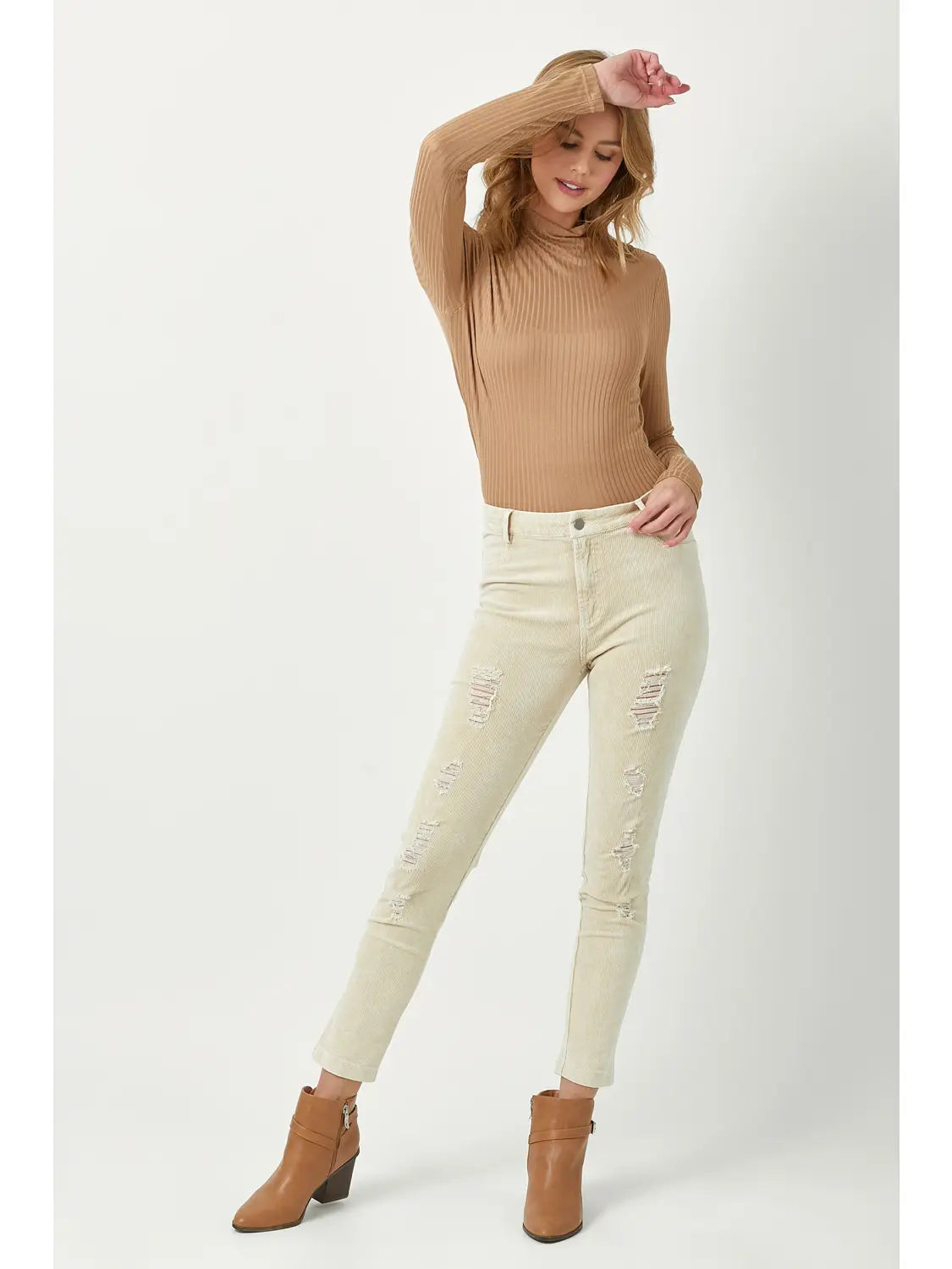 Almond Corduroy Stretch Pants- Distressed