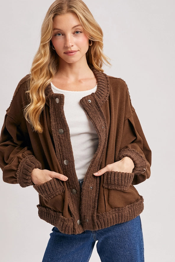 Ribbed Trim Button-Up Mocha Cardigan