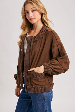 Ribbed Trim Button-Up Mocha Cardigan