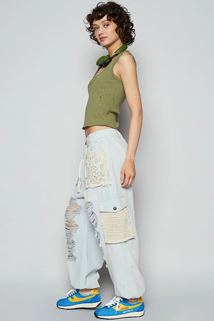Distressed Patched Denim Joggers