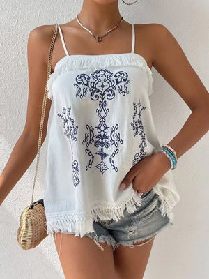 Embroidered Fringe Tank Top