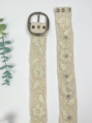 Hand Embroidered Belt Blanca Flor White -Wide
