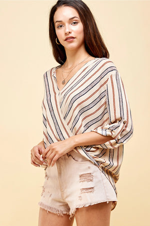 Blue & Orange Striped Roll Tab Sleeve Top