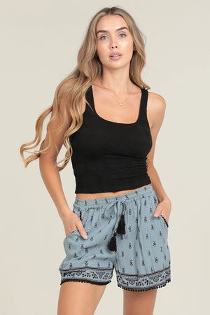 Blue & Black Patterned Smock Waist Shorts