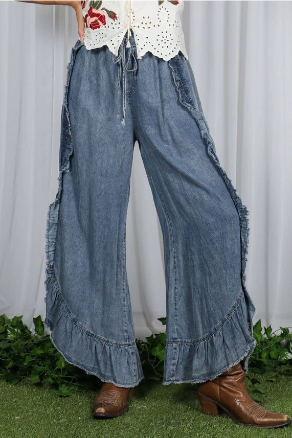 Flared Ruffle Hem Chambray Pants-Washed Denim
