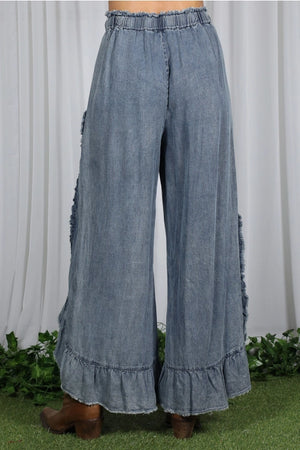 Flared Ruffle Hem Chambray Pants-Washed Denim
