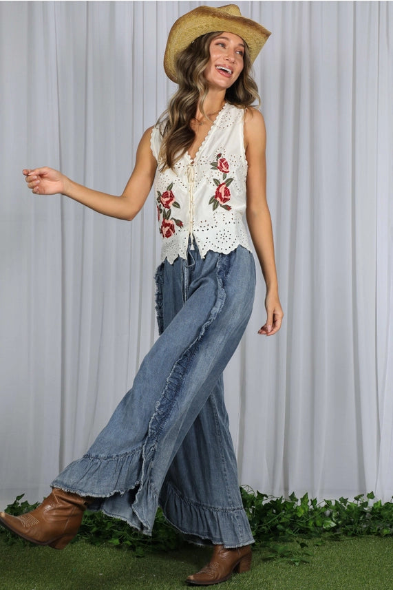 Flared Ruffle Hem Chambray Pants-Washed Denim