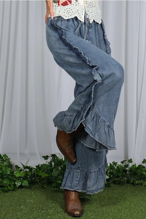 Flared Ruffle Hem Chambray Pants-Washed Denim