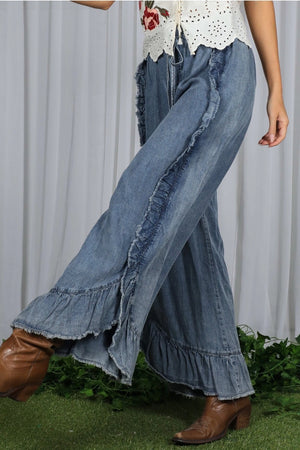 Flared Ruffle Hem Chambray Pants-Washed Denim