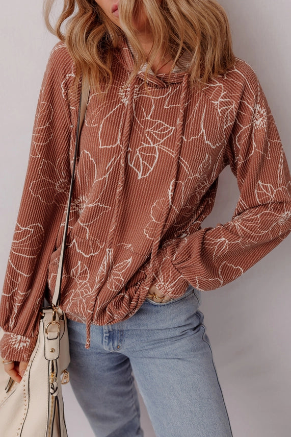 Brown Floral Ribbed Hoodie