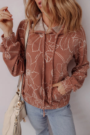 Brown Floral Ribbed Hoodie