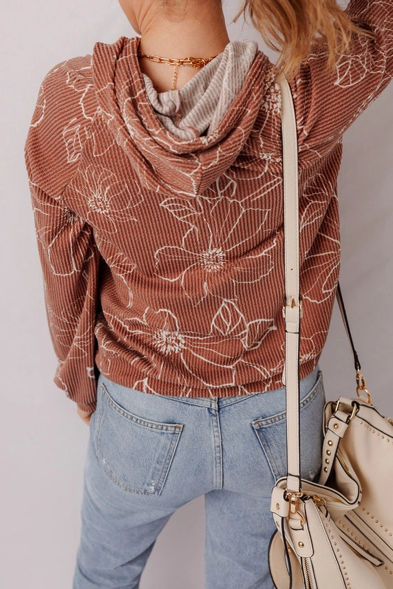 Brown Floral Ribbed Hoodie