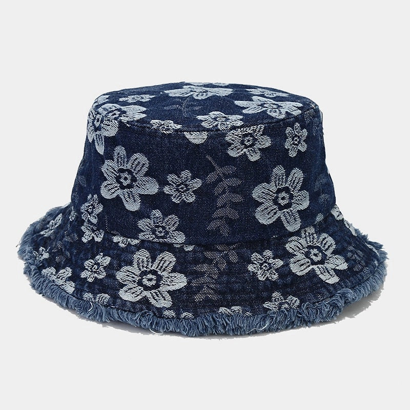 Floral Bucket Hat Dark Blue Denim
