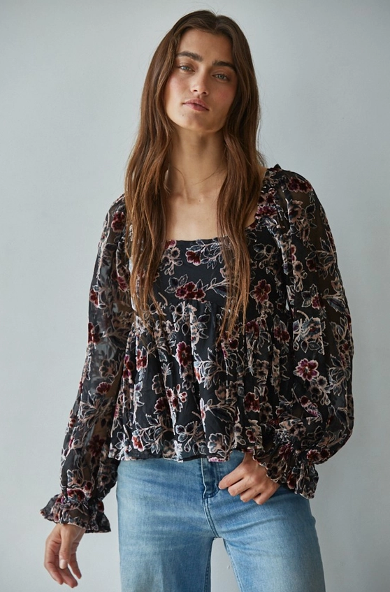 Black Floral Velvet Top