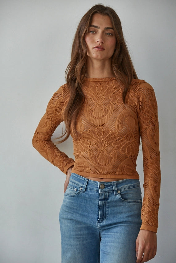 Jacquard Mock Neck Top- Golden Granola