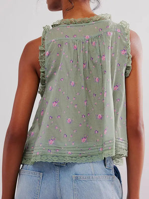 Green Floral Button Front Tank