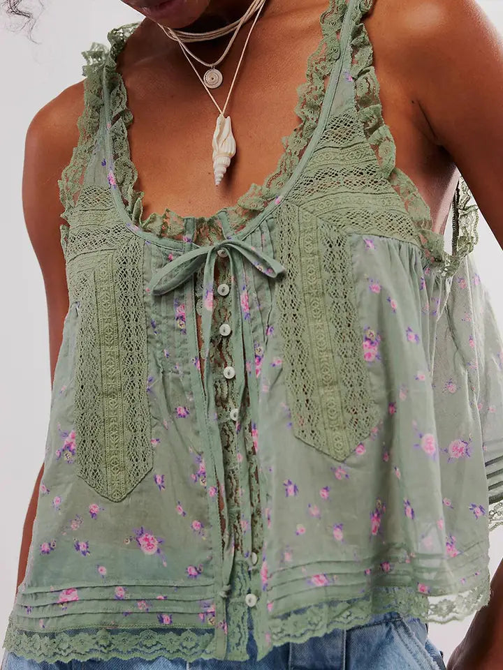 Green Floral Button Front Tank
