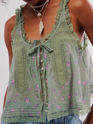 Green Floral Button Front Tank