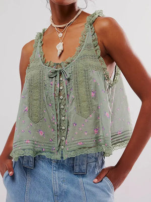 Green Floral Button Front Tank