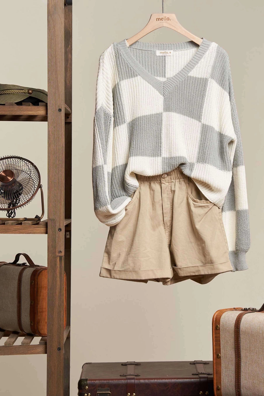 Greyish Blue Checkered V-Neck Sweater