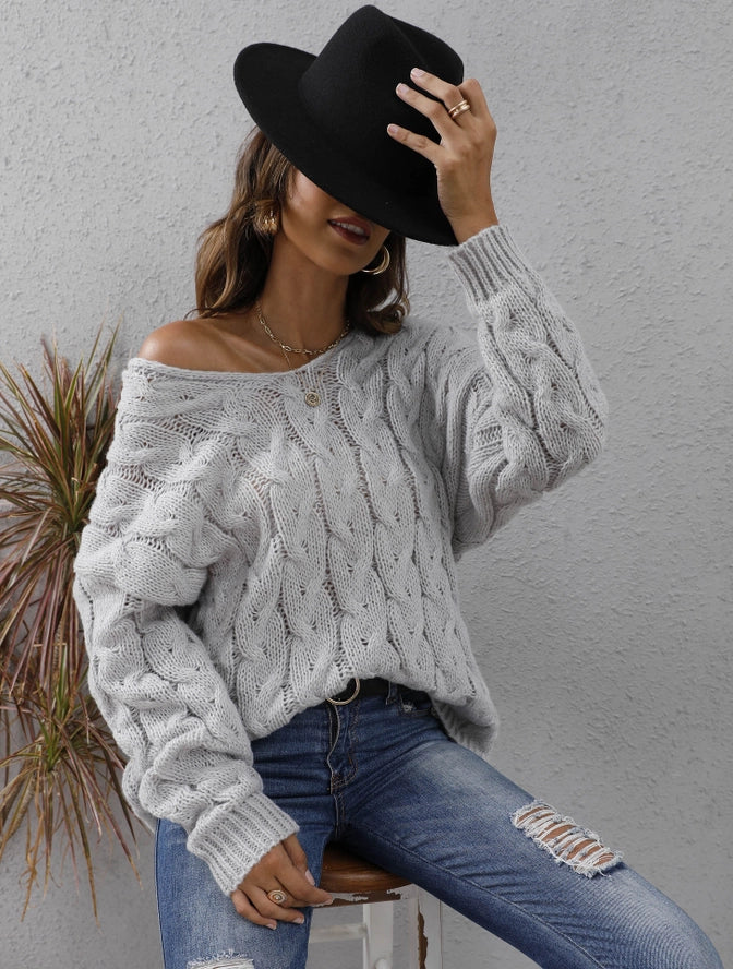 Twist Knit V-Neck Grey Sweater
