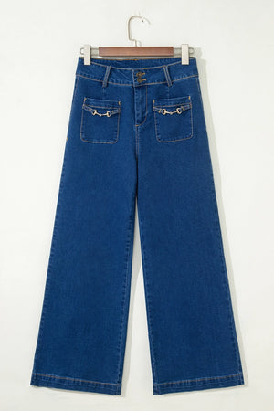 Hardware Accented Wide Leg Blue Jeans