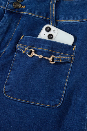 Hardware Accented Wide Leg Blue Jeans