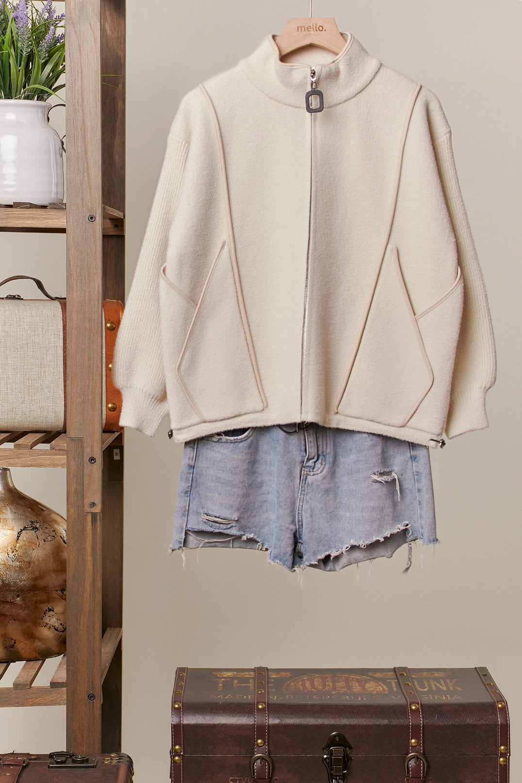 Cream High Neck Zip Up Jacket