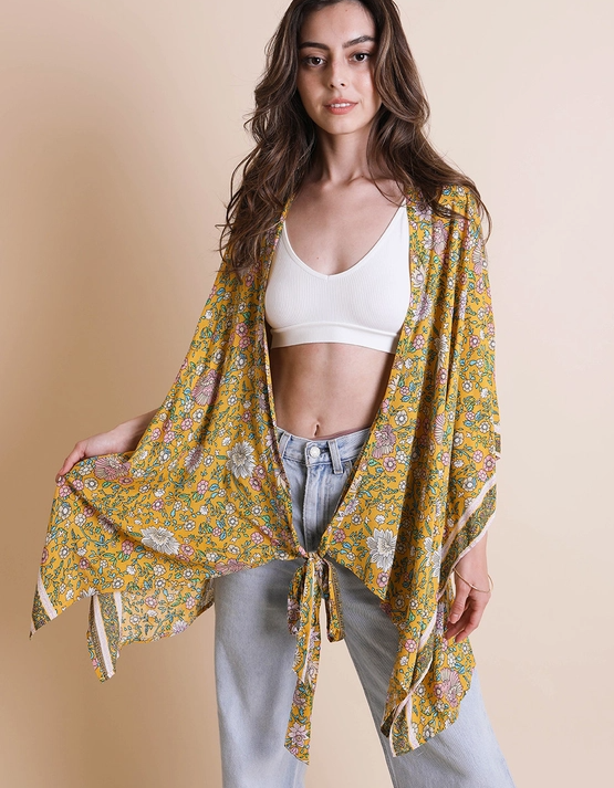 Mustard Floral Front Tie Kimono