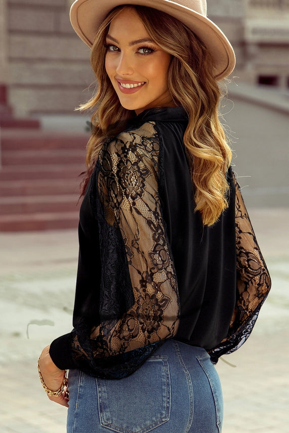Black Keyhole Blouse W/ Lace Sleeves