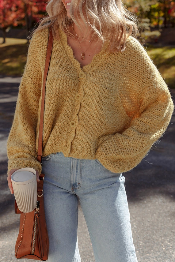 Yellow  Scallop Trim Cardigan