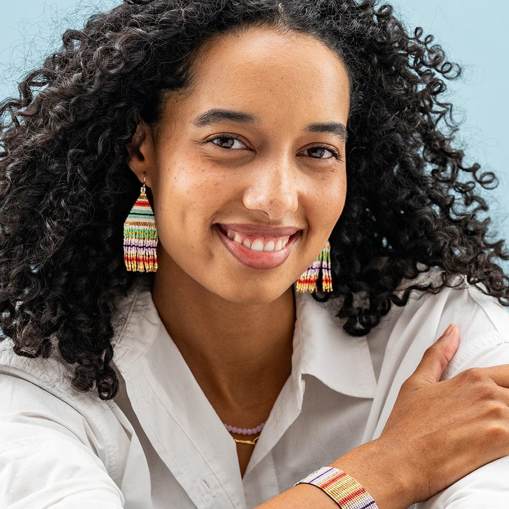 Rainbow & Gold Stripe Beaded Earrings