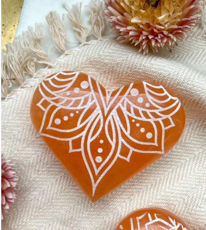 Etched Peach Selenite Crystal Heart-Lotus Belle Design