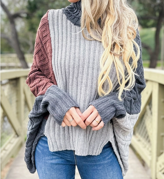 Red & Gray Color Block Turtleneck Sweater