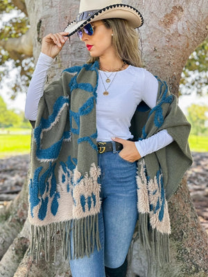 3D Textured Western Olive Ruana Cardigan