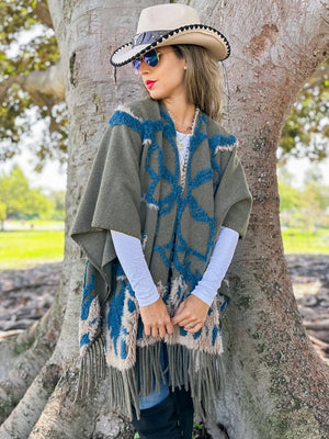 3D Textured Western Olive Ruana Cardigan