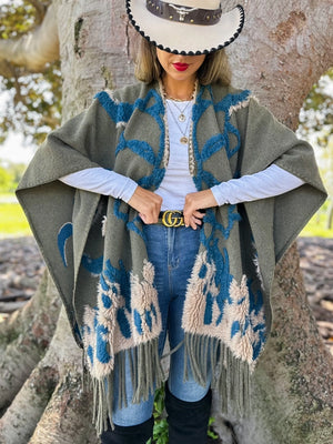 3D Textured Western Olive Ruana Cardigan