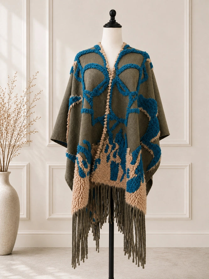 3D Textured Western Olive Ruana Cardigan