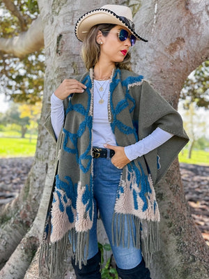 3D Textured Western Olive Ruana Cardigan