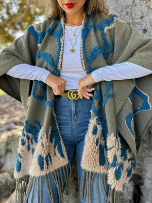 3D Textured Western Olive Ruana Cardigan