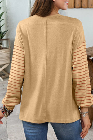 Bishop Sleeve Striped Top-Beige/Orange